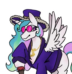 Size: 1065x1099 | Tagged: safe, artist:coralcascade, princess celestia, alicorn, pony, g4, cane, dollar sign, female, hat, jewelry, mare, necklace, pimp, pimp cane, pimp hat, simple background, solo, spread wings, sunglasses, white background, wings