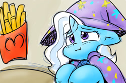 Size: 1314x865 | Tagged: safe, artist:zutcha, trixie, pony, unicorn, g4, bust, cute, diatrixes, female, floppy ears, food, french fries, frown, horn, mare, mcdonald's, solo