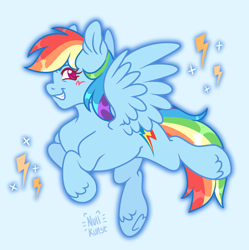 Size: 1960x1965 | Tagged: safe, artist:nullkunst, rainbow dash, pegasus, pony, g4, blush scribble, blushing, female, grin, hoof fluff, light blue background, looking at you, mare, signature, simple background, smiling, smiling at you, solo, spread wings, underhoof, wings