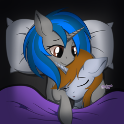 Size: 2048x2048 | Tagged: safe, artist:acidigon, oc, oc only, oc:homage, oc:littlepip, pony, unicorn, fallout equestria, blanket, cuddling, female, horn, lesbian, mare, oc x oc, pillow, ship:pipmage, shipping