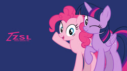 Size: 1192x670 | Tagged: safe, artist:zslnews, pinkie pie, twilight sparkle, alicorn, earth pony, pony, g4, blue background, duo, looking at you, one eye closed, raised hoof, simple background, twilight sparkle (alicorn), wallpaper, waving, wink, winking at you