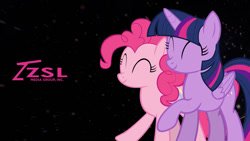 Size: 1192x670 | Tagged: safe, artist:zslnews, pinkie pie, twilight sparkle, alicorn, earth pony, pony, g4, ^^, cute, duo, eyes closed, raised hoof, twilight sparkle (alicorn), wallpaper