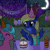 Size: 954x953 | Tagged: safe, artist:pyromaneiac, oc, oc only, oc:haypone, oc:maredobake, pegasus, unicorn, balloon, birthday, cake, canterlot, duo, everfree outpost, fanart, food, hat, horn, moon, night, party, party hat, party horn, present, stars, tree