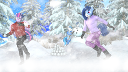 Size: 3840x2160 | Tagged: safe, artist:unie, shining armor, twilight sparkle, oc, oc:crystal glaze, oc:feathertrap, alicorn, unicorn, anthro, plantigrade anthro, g4, boots, clothes, dusk shine, gloves, horn, jacket, rule 63, shoes, snow, snowball, snowball fight, snowman, tree