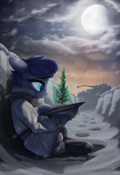 Size: 2656x3850 | Tagged: safe, artist:crazy water, oc, oc only, earth pony, pony, equestria at war mod, brodie helmet, clothes, cloud, helmet, moon, panzer, pine tree, scarf, snow, snowfall, soldier, soldier pony, solo, tank (vehicle), tree, trench, war, winter