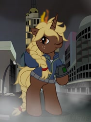 Size: 960x1280 | Tagged: safe, artist:xd.klaus, oc, oc only, oc:kesha, unicorn, fallout equestria, g3, city, equestrian wasteland, fallout, horn, outfit, solo