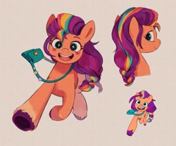 Size: 2047x1706 | Tagged: safe, artist:floudee, sunny starscout, earth pony, pony, g5, my little pony: tell your tale, braid, female, mane stripe sunny, mare, open mouth, open smile, smiling, solo, sparkles, sparkly eyes, sunny's bag, underhoof, unshorn fetlocks, wingding eyes