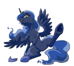 Size: 3587x3187 | Tagged: source needed, safe, artist:emaobj, princess luna, alicorn, pony, g4, belly, chest fluff, concave belly, featureless crotch, female, frog (hoof), hoof shoes, hoofbutt, hooves, human shoulders, mare, open mouth, princess shoes, raised leg, simple background, sitting, slender, solo, spread legs, spreading, sternocleidomastoid, thin, underhoof, white background