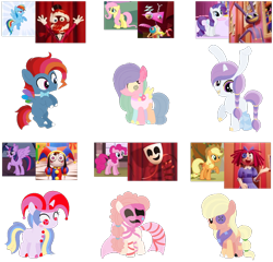 Size: 750x720 | Tagged: safe, artist:foxfinite, applejack, fluttershy, pinkie pie, rainbow dash, rarity, twilight sparkle, oc, alicorn, earth pony, pegasus, pony, rabbit, unicorn, g4, adoptable, ambiguous gender, animal, bowtie, braces, bunny ears, caine (tadc), colt, crossover, crying, doll, female, filly, foal, fusion:caine (tadc), fusion:gangle, fusion:jax (tadc), fusion:pomni, fusion:ragatha, fusion:zooble, gangle, gritted teeth, hat, heterochromia, horn, hybrid oc, jax (tadc), jester, jester hat, male, mane six, mare, mask, pomni, ragatha, ragdoll, smiling, stallion, teeth, the amazing digital circus, toy, twilight sparkle (alicorn), zooble