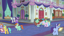 Size: 1280x720 | Tagged: safe, screencap, auburn vision, citrine spark, gallus, november rain, ocellus, peppermint goldylinks, rarity, sandbar, silverstream, smolder, twilight sparkle, yona, pony, friendship university, g4, my little pony: friendship is magic, friendship student, student six