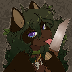 Size: 2500x2500 | Tagged: safe, artist:martinurie, oc, oc only, earth pony, holding a knife, knife, licking, licking knife, solo, tongue out