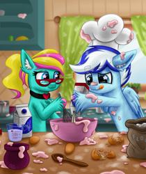 Size: 2100x2500 | Tagged: safe, artist:sunamoonmlp, derpibooru exclusive, oc, oc only, oc:snowy pop, earth pony, pegasus, pony, g4, accessory, bowl, cheek fluff, chef's hat, chest fluff, commission, cooking, curtains, cute, dough, ear fluff, egg, female, flour, flower, food, glasses, halfbody, hat, indoors, kitchen, male, mare, messy, milk, not minuette, smiling, spoon, stallion, tongue out, window, wings