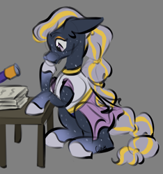 Size: 2020x2160 | Tagged: safe, artist:cupute, horse, abstract background, black coat, bust, clothed ponies, clothes, colored eyebrows, colored eyelashes, colored sketch, desk, digital art, doodle, ear fluff, ears back, ears up, equine, eyeshadow, female, gradient legs, gradient muzzle, gray background, halley (wild manes), hoof over mouth, horseshoes, long mane, looking at something, makeup, multicolored hair, paper, photo, png, pondering, poofy mane, portrait, purple eyes, purple hair, shading, simple background, sitting, sketch, solo, speckled, spots, stacked papers, swirls, telescope, thinking, tied mane, wild manes