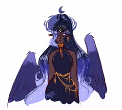 Size: 2048x1842 | Tagged: safe, artist:damienmarkan, princess luna, human, g4, choker, clothes, dark skin, dress, ear piercing, earring, elf ears, female, horn, horned humanization, humanized, jewelry, piercing, simple background, white background, winged humanization, wings