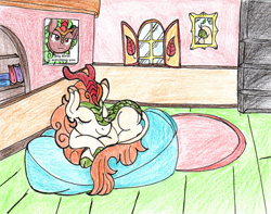 Size: 1142x900 | Tagged: safe, artist:fleximusprime, autumn blaze, kirin, g4, autumn blaze's puppet, cloven hooves, colored, colored pencil drawing, eyes closed, indoors, poster, sleeping, solo, traditional art, window