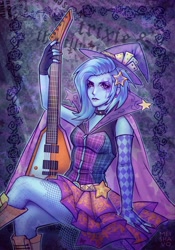 Size: 1514x2160 | Tagged: safe, artist:meishavo, trixie, human, equestria girls, g4, card, choker, cloak, clothes, crossed legs, detailed background, dress, ear piercing, earring, electric guitar, female, fingerless gloves, gloves, guitar, hat, jewelry, left handed guitar, lips, looking at you, makeup, musical instrument, nail polish, piercing, purple eyes, sitting, solo, witch hat