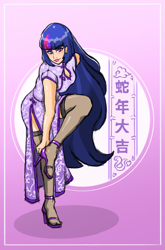 Size: 1673x2542 | Tagged: safe, artist:carpdime, twilight sparkle, human, snake, g4, cheongsam, chinese new year, clothes, dress, female, high heels, humanized, shoes, solo, solo female, stockings, thigh highs