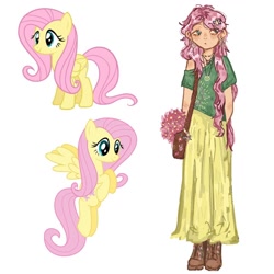 Size: 1280x1280 | Tagged: safe, artist:cookiesscreaming, fluttershy, human, pegasus, pony, g4, alternate hairstyle, bag, blushing, boots, clothes, cute, ear piercing, earring, female, flower, humanized, jewelry, mare, necklace, piercing, shirt, shoes, shyabetes, skirt, solo, t-shirt