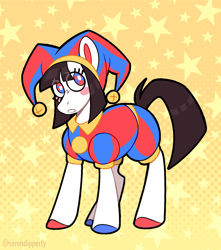 Size: 1268x1435 | Tagged: safe, artist:wanderingpegasus, earth pony, pony, anxiety, anxious, crossover, female, hat, jester, jester hat, jester outfit, mare, pomni, ponified, ponmi, simple background, solo, star background, stars, the amazing digital circus, worried