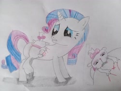 Size: 4096x3072 | Tagged: safe, artist:victoric1993, opalescence, rarity, cat, pony, unicorn, g4, my little pony: friendship is magic, stare master, claws, horn, pet, scratches, scratching, shadow, simple background, teeth, traditional art, white background