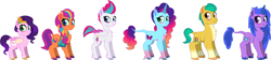 Size: 5832x1304 | Tagged: safe, artist:prixy05, hitch trailblazer, izzy moonbow, misty brightdawn, pipp petals, sunny starscout, zipp storm, earth pony, pegasus, pony, unicorn, g5, female, horn, male, mane five, mane six (g5), mane stripe sunny, mare, rebirth misty, simple background, stallion, white background