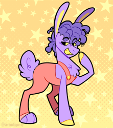 Size: 1268x1435 | Tagged: safe, artist:wanderingpegasus, hybrid, original species, pony, rabbit, rabbit pony, animal, bunny ears, clothes, crossover, gritted teeth, hybrid pony, jax (tadc), male, overalls, ponified, rabbitoid, smiling, solo, stallion, star background, stars, teeth, the amazing digital circus