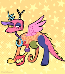 Size: 1268x1435 | Tagged: safe, artist:wanderingpegasus, draconequus, object pony, original species, toy pony, ambiguous gender, animate object, crossover, draconequified, heterochromia, no mouth, simple background, solo, species swap, star background, stars, the amazing digital circus, toy, wings, zolo-toy, zooble