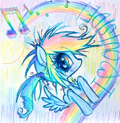 Size: 2561x2634 | Tagged: safe, artist:ieatedyuripizza, rainbow dash, pegasus, pony, g4, abstract background, female, heart, looking sideways, mare, music notes, open mouth, open smile, rainbow, smiling, solo