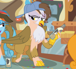 Size: 1150x1055 | Tagged: safe, artist:anonymous, gilda, rainbow dash, griffon, human, pegasus, pony, g4, /ptfg/, backwards ballcap, baseball cap, bottle, cap, hat, holding, human to griffon, human to pony, show accurate, transformation