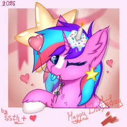 Size: 2000x2000 | Tagged: safe, artist:supershadow_th, oc, oc only, oc:milana, alicorn, 2025, balloon, birthday cake, blaze (coat marking), cake, candle, coat markings, facial markings, female, floating heart, food, happy birthday, heart, heart balloon, looking at you, mare, one eye closed, passepartout, stars, tongue out, wink, winking at you