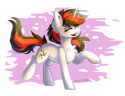 Size: 2668x2061 | Tagged: safe, artist:yuris, oc, oc only, oc:blackjack, pony, unicorn, fallout equestria, fallout equestria: project horizons, abstract background, cheek fluff, chest fluff, cute, ear fluff, eyes closed, fanfic, fanfic art, female, hooves, horn, leg fluff, mare, open mouth, raised hoof, redraw, smiling, solo, unicorn oc