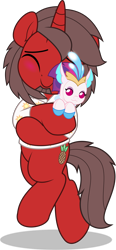 Size: 3000x6479 | Tagged: safe, artist:jhayarr23, queen novo, oc, oc:ironyoshi, seapony (g4), unicorn, g4, bipedal, clothes, commission, eyes closed, horn, hug, plushie, shadow, shirt, simple background, transparent background, ych result