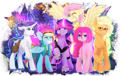 Size: 4008x2480 | Tagged: safe, artist:sinrinf, applejack, fluttershy, pinkie pie, rainbow dash, rarity, twilight sparkle, earth pony, pegasus, pony, unicorn, g4, alternate design, alternate hairstyle, alternate universe, bag, clothes, glasses, glowing, glowing horn, horn, mane six, salute, spread wings, straight mane, uniform, wings, wonderbolts uniform