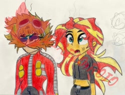 Size: 1870x1429 | Tagged: safe, artist:diablo rojo, sunset shimmer, oc, oc:hellfire red, equestria girls, g4, doctor eggman, drake & josh, facial hair, meme, messy hair, moustache, reference to another series, shadow the hedgehog, shocked, shocked expression, sonic the hedgehog (film), sonic the hedgehog (series)