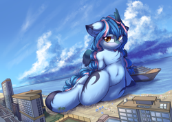 Size: 3508x2480 | Tagged: safe, artist:ravistdash, oc, oc only, kirin, winged kirin, semi-anthro, armpits, beach, belly, belly button, bipedal, chest fluff, city, concave belly, ear fluff, featureless crotch, female, giant kirin, giantess, high res, macro, mare, ocean, ribcage, sky, smiling, smirk, solo, water