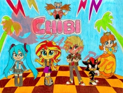 Size: 1899x1429 | Tagged: safe, artist:diablo rojo, sunset shimmer, oc, oc:hellfire red, human, equestria girls, g4, anime, chibi, crossover, doctor eggman, hatsune miku, princess daisy, shadow the hedgehog, sonic the hedgehog (series), special stage, super mario, traditional art, vocaloid, watermark