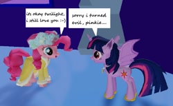 Size: 1117x686 | Tagged: safe, screencap, pinkie pie, twilight sparkle, bat pony, pony, g4, 3d, bat ponified, duo, duo female, english, female, forgiveness, mare, race swap, twibat