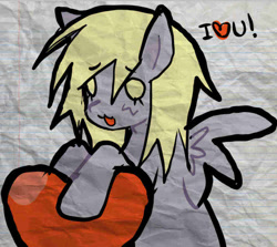 Size: 875x779 | Tagged: safe, artist:poniesinmyhead, derpy hooves, pegasus, pony, g4, female, heart, i love you, mare, paper background, paper texture, solo