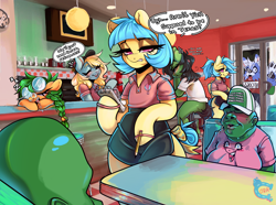 Size: 3067x2281 | Tagged: safe, artist:paintedcora, oc, oc:anon, oc:anon fi, oc:fair flyer, oc:mati, oc:morning mimosa, oc:soiree, earth pony, pegasus, pony, diner, diner uniform