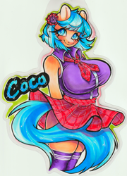 Size: 2271x3155 | Tagged: safe, artist:paintedcora, coco pommel, earth pony, anthro, g4, big breasts, bonerblockingbadge, breasts, busty coco pommel, clothes, female, huge breasts, skirt, socks, solo, stockings, thigh highs, thighs, tight clothing, traditional art, vacuum sealed clothing