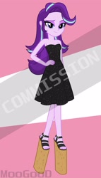 Size: 2000x3500 | Tagged: safe, artist:moogood, starlight glimmer, human, equestria girls, g4, bare shoulders, bedroom eyes, black dress, breasts, clothes, cocktail dress, crossed legs, dress, eyeshadow, female, hand on hip, high heels, high res, impossibly large heels, looking at you, multicolored hair, obtrusive watermark, open-toed shoes, platform heels, platform shoes, shoes, show accurate, signature, sleeveless, sleeveless dress, smiling, smiling at you, solo, standing, strapless, striped background, vector, watermark, wedge heel