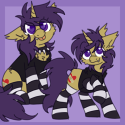 Size: 600x600 | Tagged: safe, artist:php193, oc, oc only, oc:tuxy, unicorn, :p, clothes, collar, fangs, female, fluffy hair, hoodie, horn, mare, purple eyes, socks, solo, spiked collar, striped socks, tongue out