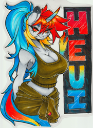 Size: 2260x3122 | Tagged: safe, artist:paintedcora, oc, oc only, oc:heui, unicorn, anthro, badge, bonerblockingbadge, breasts, cleavage, con badge, horn, ponytail, solo, traditional art