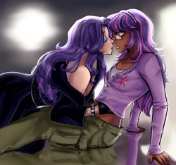 Size: 1700x1590 | Tagged: safe, artist:slapearl, rarity, twilight sparkle, human, g4, bracelet, cargo pants, clothes, dark skin, duo, duo female, eyeshadow, female, fur coat, glasses, gloves, gritted teeth, hand under clothes, humanized, imminent kissing, jewelry, lesbian, lip bite, lipstick, makeup, pants, ship:rarilight, shipping, shirt, sitting, teeth