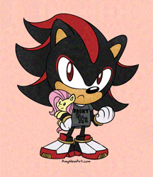 Size: 1892x2188 | Tagged: safe, artist:amynewblue, fluttershy, hedgehog, mobian, original species, pegasus, plush pony, anthro, g4, adversarial noise, brony stereotype, plushie, shadow the hedgehog, simple background, solo, sonic the hedgehog (series)