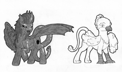 Size: 3400x2000 | Tagged: safe, artist:parallel black, oc, oc:exedys, oc:gallo, alicorn, bat pony, bat pony alicorn, demon, griffon, latex pony, original species, bat wings, black sclera, commission, duo, fangs, horn, implied vore, latex, liquid latex, long tongue, looking at you, ponytail, prehensile tail, reference sheet, simple background, tail, tailmouth, tongue out, traditional art, white background, wings