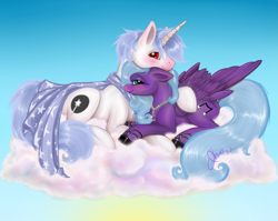 Size: 1599x1276 | Tagged: safe, artist:tasertail, oc, oc only, oc:moonstone, oc:starlight sonata, pegasus, pony, unicorn, 2012, cape, clothes, cloud, duo, duo male and female, female, folded wings, gradient background, hoof shoes, horn, jewelry, lying down, lying on a cloud, male, mare, necklace, not luna, on a cloud, prone, red eyes, signature, sky background, stallion, teal eyes, wings