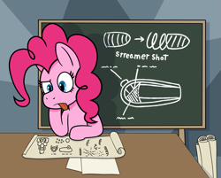 Size: 1435x1155 | Tagged: safe, artist:scraggleman, pinkie pie, earth pony, g4, chalkboard, paper, parchment, pinktober, solo, tongue out