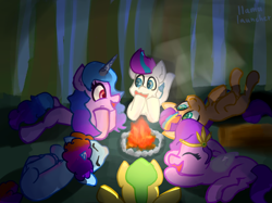 Size: 2890x2166 | Tagged: safe, artist:llamalauncher, hitch trailblazer, izzy moonbow, misty brightdawn, pipp petals, sunny starscout, zipp storm, earth pony, pegasus, pony, unicorn, g5, campfire, camping, female, forest, horn, log, looking at each other, looking at someone, lying down, male, mane five, mane six (g5), mane stripe sunny, mare, nature, outdoors, prone, rebirth misty, sploot, stallion, tree