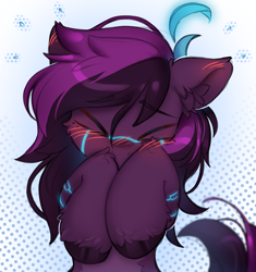 Size: 3768x4016 | Tagged: safe, artist:lunylin, oc, oc only, oc:plexa, earth pony, pony, ><, blush lines, blushing, body markings, covering face, ear fluff, earth pony oc, embarrassed, eyes closed, facial markings, glowing, glowing body, glowing hair, hooves together, multicolored mane, purple coat, purple mane, shading, tail, two toned tail